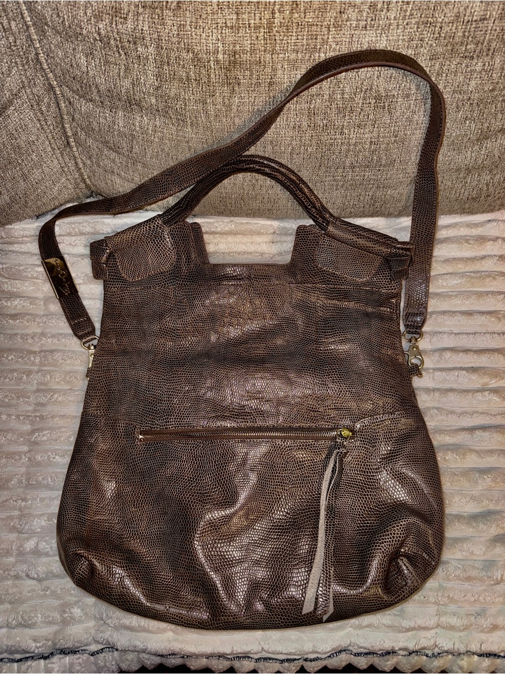 Foley & Corinna Metallic Brown Textured Leather Tote Bag with Crossbody Strap